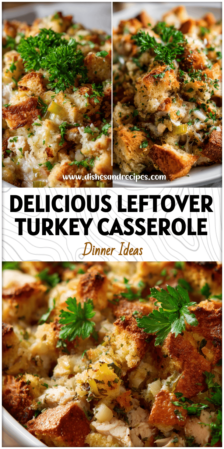 Close-up of creamy turkey casserole with herb stuffing topping and fresh parsley garnish